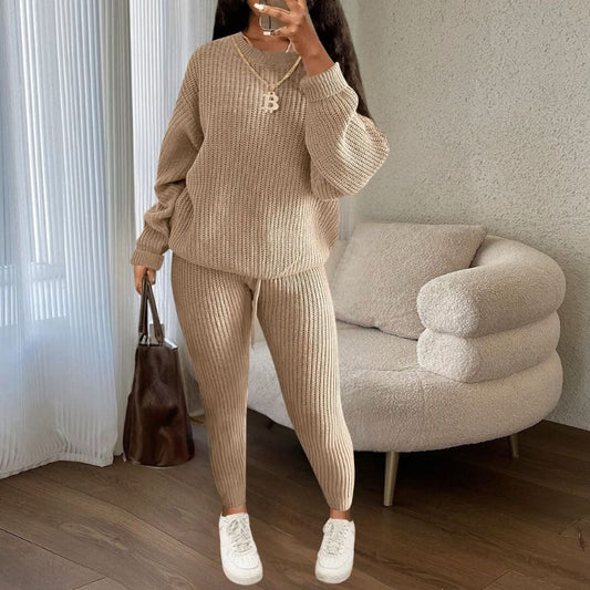Solid Color Knit Pullover & Pants Set Khaki / XS