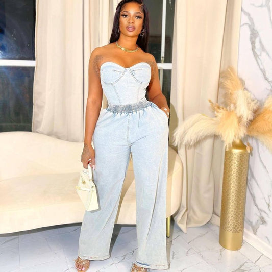 Denim Strapless Crop Top & Long Pant Set Blue / S