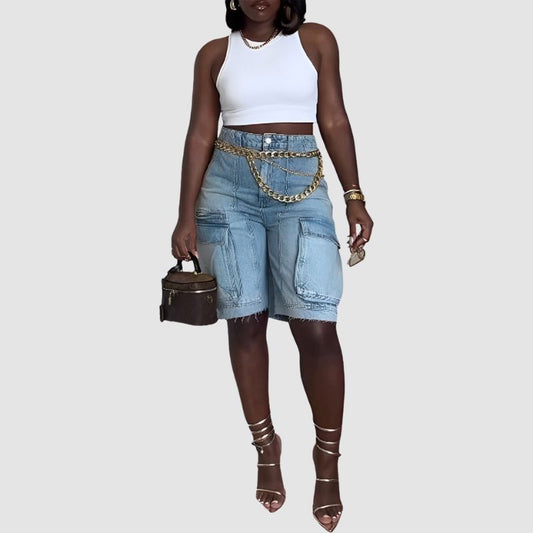 Pocket Patch Cargo Denim Shorts Blue / S