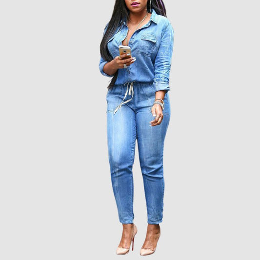 Denim Shirts Tie-up Jumpsuits Blue / S