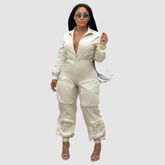 Lapel Patch Pocket Cargo Jumpsuits Black / S