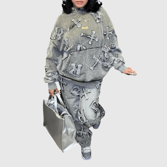 Full Letter Embroidered Denim Hoodie Set Grey / XS