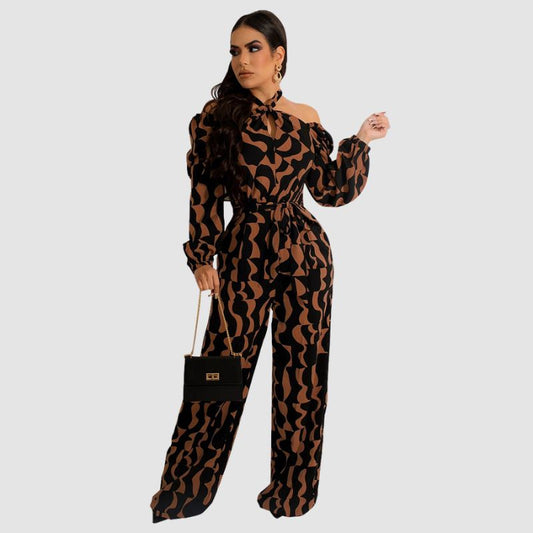 Irregular Printed Halter Jumpsuits Coffee / S
