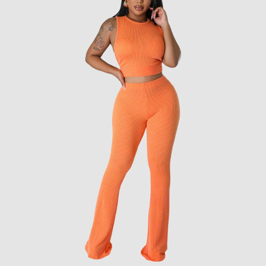 Solid Color Ribbed Knit Vest Set Orange / S