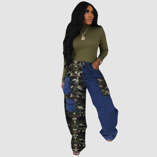 Camouflage Patchwork Denim Wide Leg Cargo Pants Blue / S