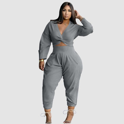 Twisted V-neck Crop Top & High Waist Pant Set Grey / S