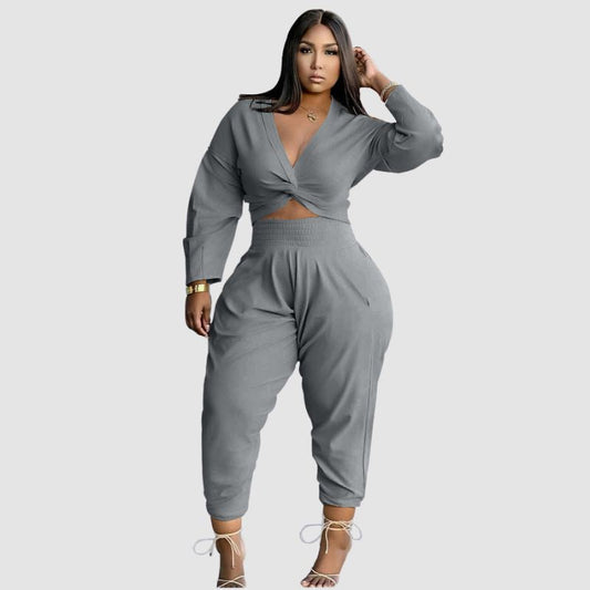 Twisted V-neck Crop Top & High Waist Pant Set Grey / S