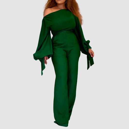 Off Shoulder Wide Leg Jumpsuit Green / S