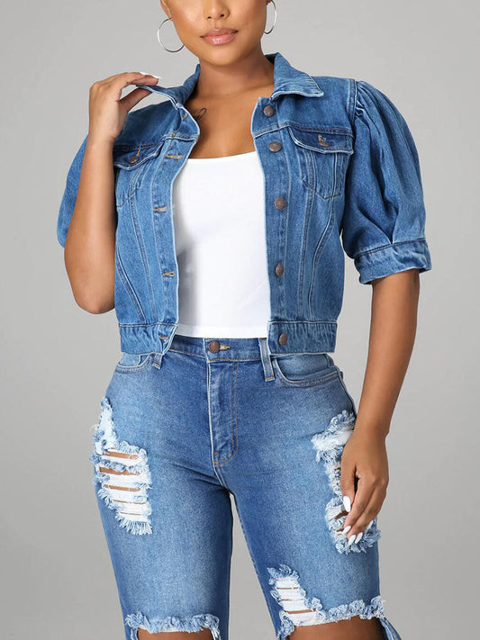 Puff Short Sleeve Denim Jacket Dark Blue / S