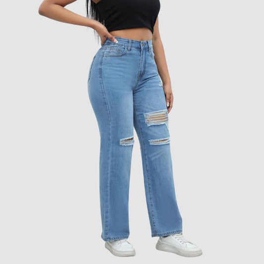 High Waist Ripped Wide Leg Jeans Dark Blue / XS