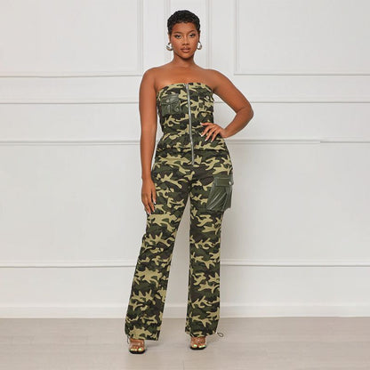 Drawstring Waist Camouflage Jumpsuits Green / S