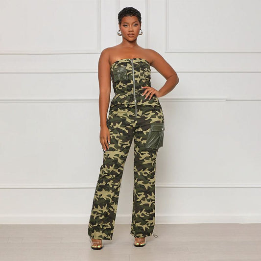 Drawstring Waist Camouflage Jumpsuits Green / S