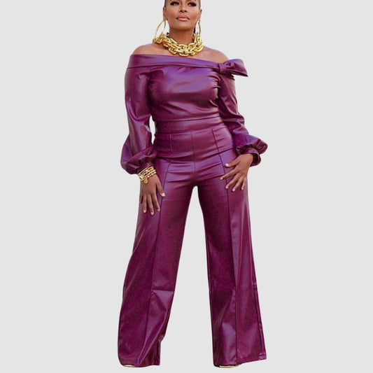 Off Shoulder PU Leather Set Wine / S