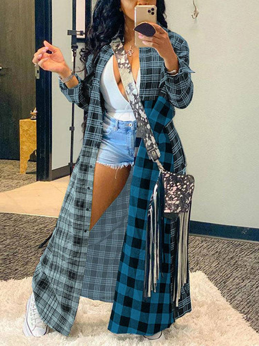 Plaid Turndown Collar Dresses Coat Blue / M