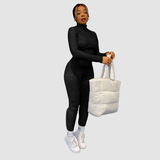 Solid Color Knit Jumpsuits Black / S