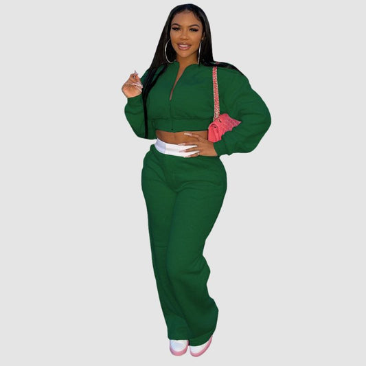 Zipper Sweatshirt & Wide Leg Pant Set Green / S