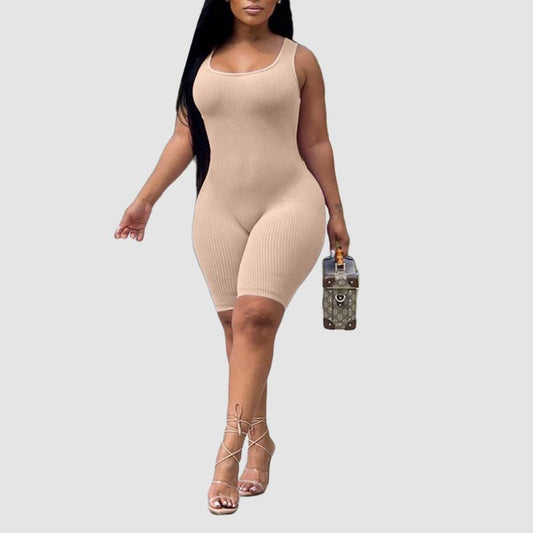 Ribbed Knit Sleeveless Jumpsuit Khaki / S