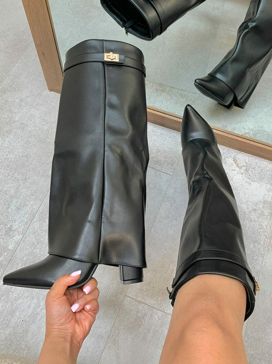 Fold Chunky Heel Knee High Boots Black Leather / 5/5.5