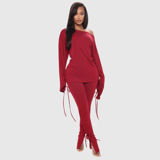 Solid Color Drawstring Design Pant Set Red / S