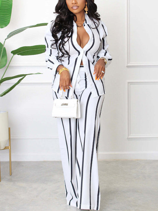Striped Shirt Wide Pants Set White / S