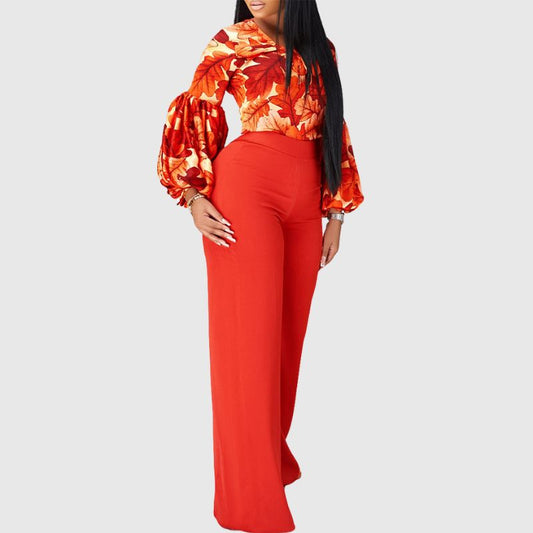 Flower Printed Wide Leg Pant Set Orange / S