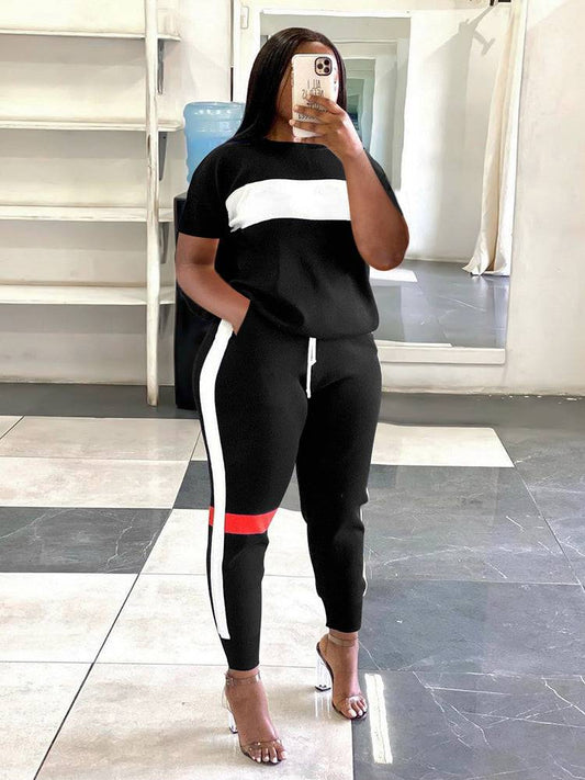 Stitching Striped Casual Style Set Black / M