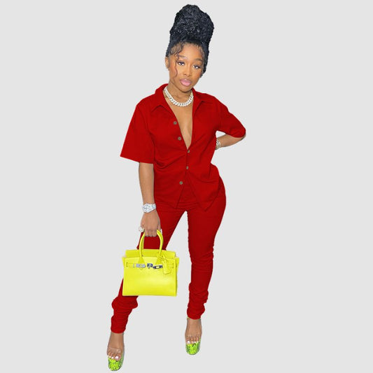 Casual Solid Color Shirt Set Red / S