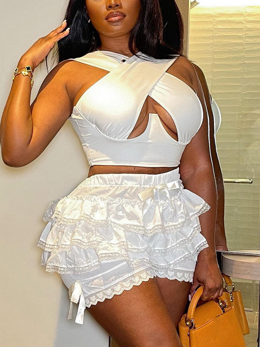 Ruffle Bow Lace Shorts White / S
