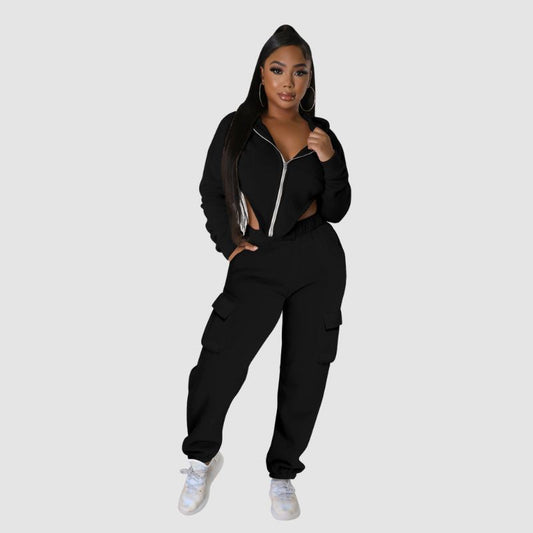 Irregular Zipper Top & Cargo Pant Set Black / S