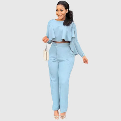 Ruffle Top & Straight Leg Pants set Blue / S