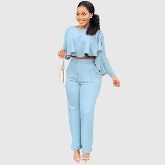 Ruffle Top & Straight Leg Pants set Blue / S