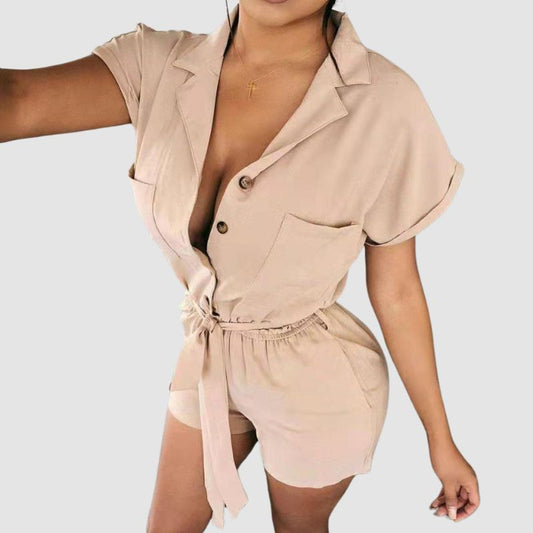Simple Lapel Tie Up Romper Khaki / S