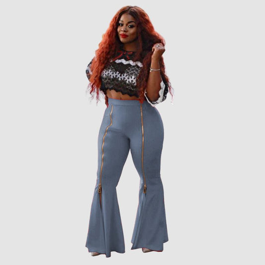 High Waist Bodycon Zip Decor Flared Pants Grey / S
