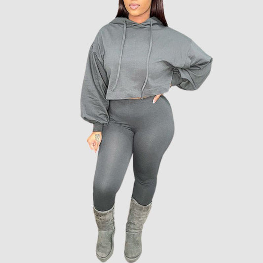 Loose Short Hoodies & Bodycon Pant set Grey / S