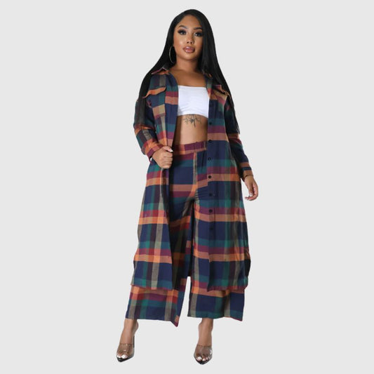 Plaid Shirts Wide Leg Pant Set Blue / S