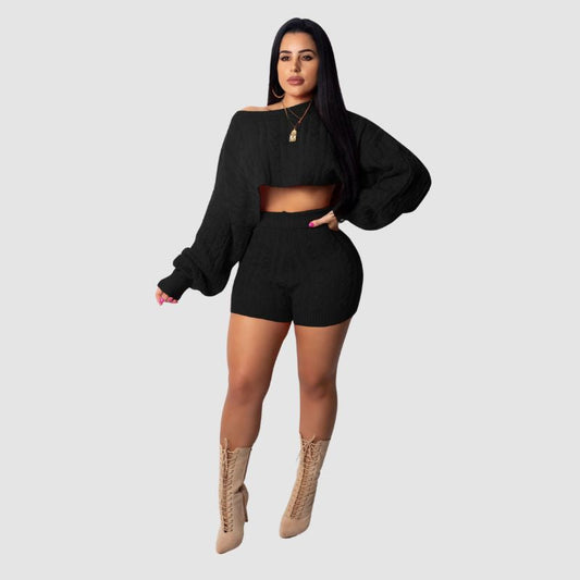 Knit Crop Top & Short Pants Set Black / S