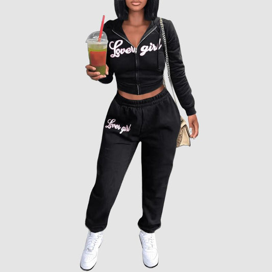 Zipper Hoodies Top Pant Set Black / S