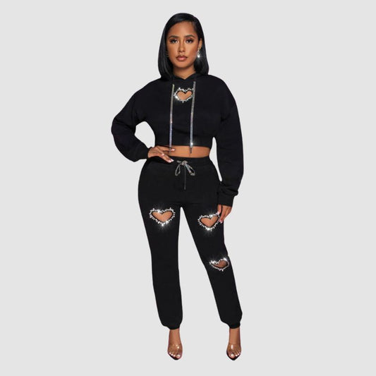 Heart-Shaped Hollow Hoodies Set Black / S