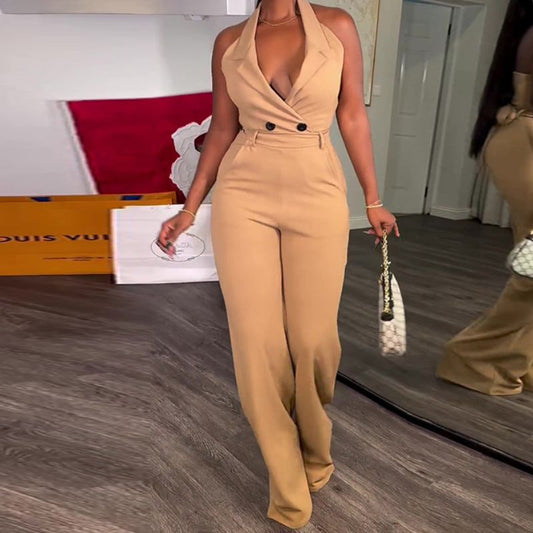Halter Backless High Waist Jumpsuits Khaki / S