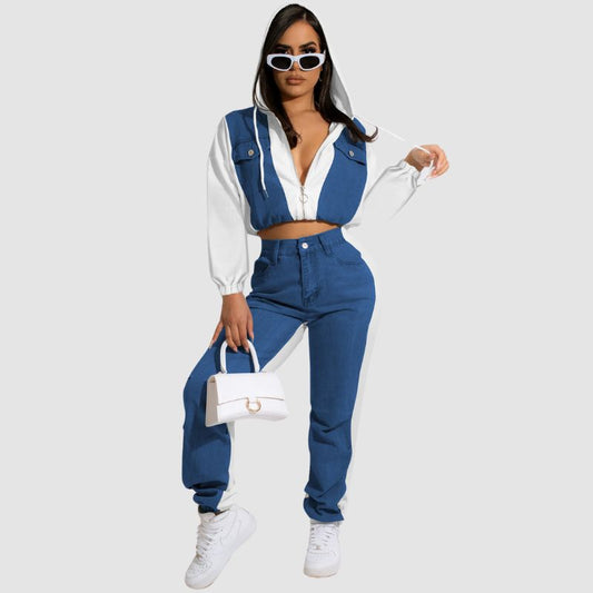 Denim Patchwork Hooded Jacket Set White / S