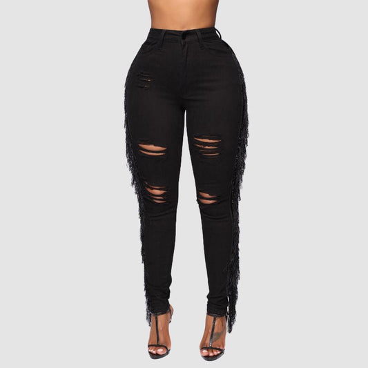 Tassel Ripped Washed Jeans Black / S