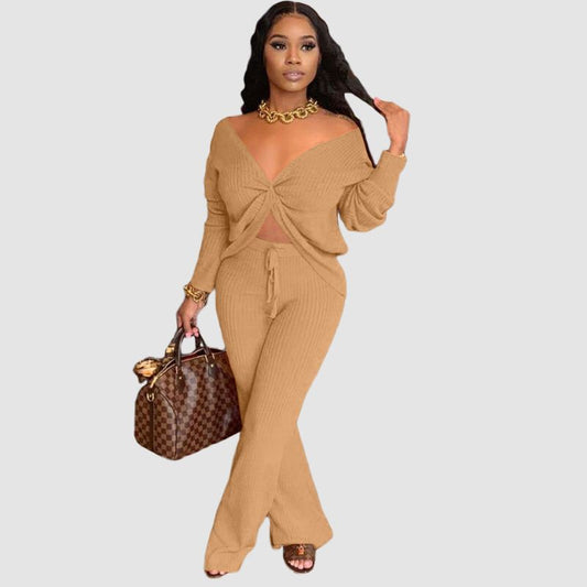 Thickened Ribbed Knit set Khaki / S
