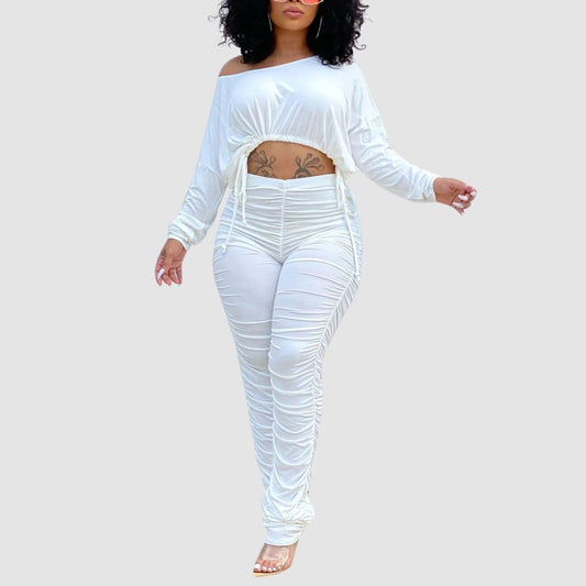 Drawstring Crop Top & Pleated Pant Set White / S