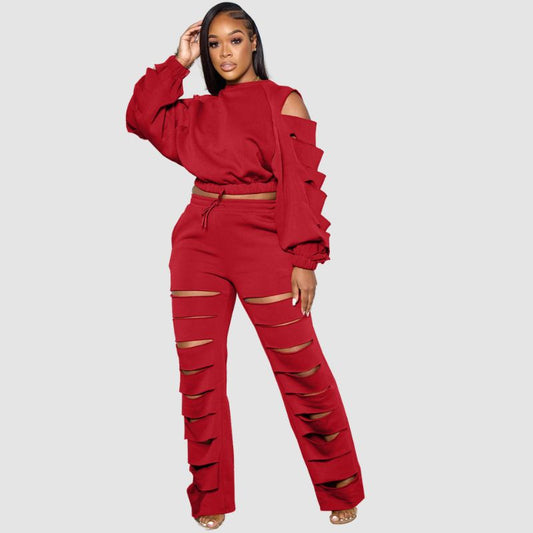 Hollow Out Design Pant Set Red / S