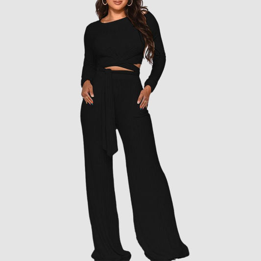 Ribbed Knit Tie-up Top & Wide Leg Pant Set Black / S