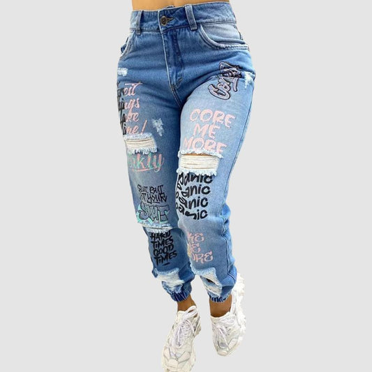 Letter Printed Ripped Jeans Blue / S