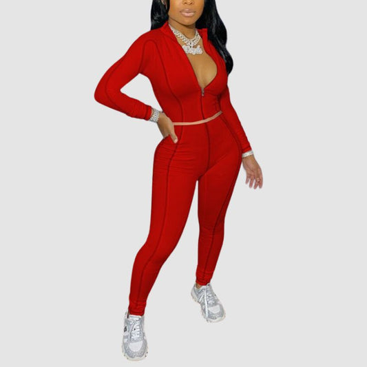 Stripe Design Bodycon Pant Set Red / S