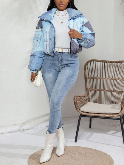 Denim Printed Puffer Jacket Blue / L