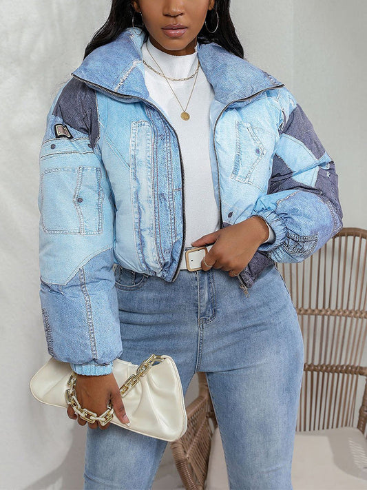Denim Printed Puffer Jacket Blue / S
