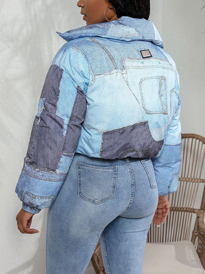 Denim Printed Puffer Jacket Blue / XL